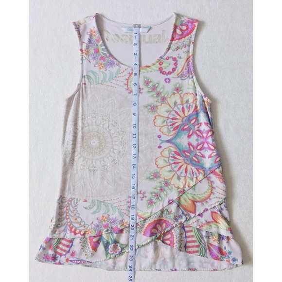 Desigual Sleeveless Top Woman’s Small Colorful Graphic Ruffle Hem Mixed Fabrics - Picture 10 of 11